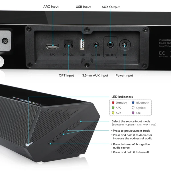 AIYIMA S03 Sound Bar For TV 100W Bluetooth 5.0 Soundbar Bass Home Sound Theater Stereo Subwoofer Surround Wireless Speakers - Image 4